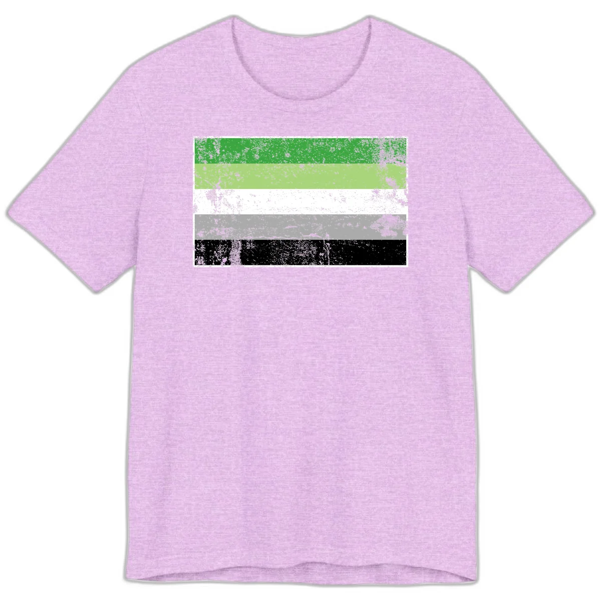 Demigender pride flag with five horizontal stripes in green, white, gray, and black with distressed grunge texture in Heather Prism Lilac