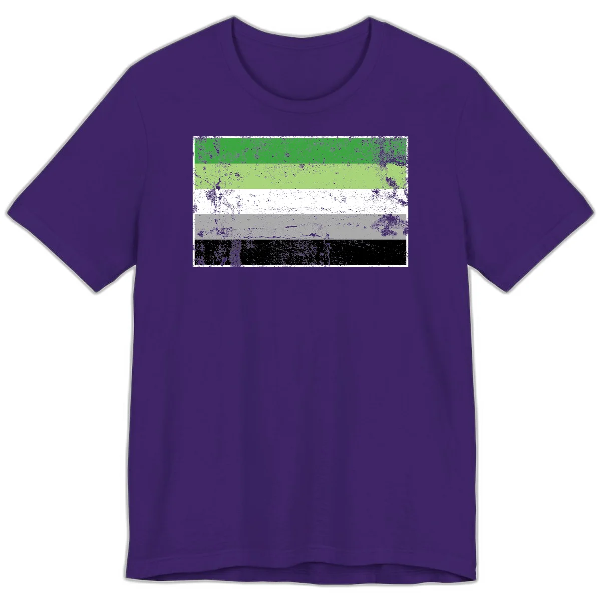 Demigender pride flag with five horizontal stripes in green, white, gray, and black with distressed grunge texture in Team Purple