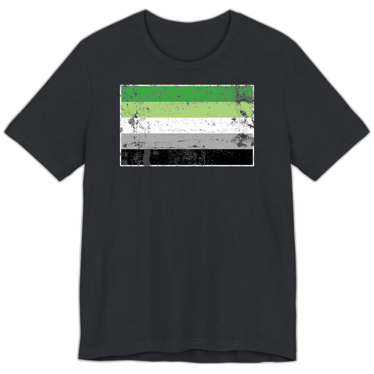 Demigender pride flag with five horizontal stripes in green, white, gray, and black with distressed grunge texture in Vintage Black