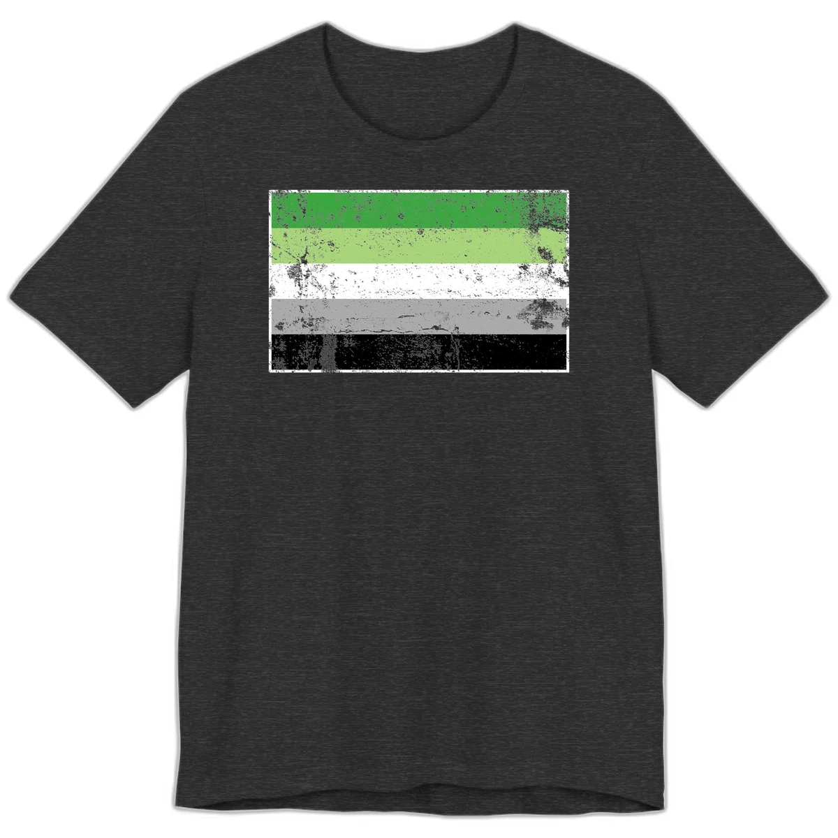 Demigender pride flag with five horizontal stripes in green, white, gray, and black with distressed grunge texture in Dark Grey Heather