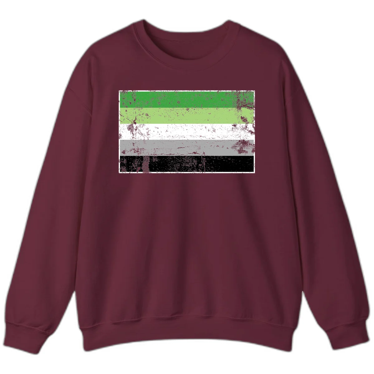 Demigender pride flag with five horizontal stripes in green, white, gray, and black with distressed grunge texture in Maroon
