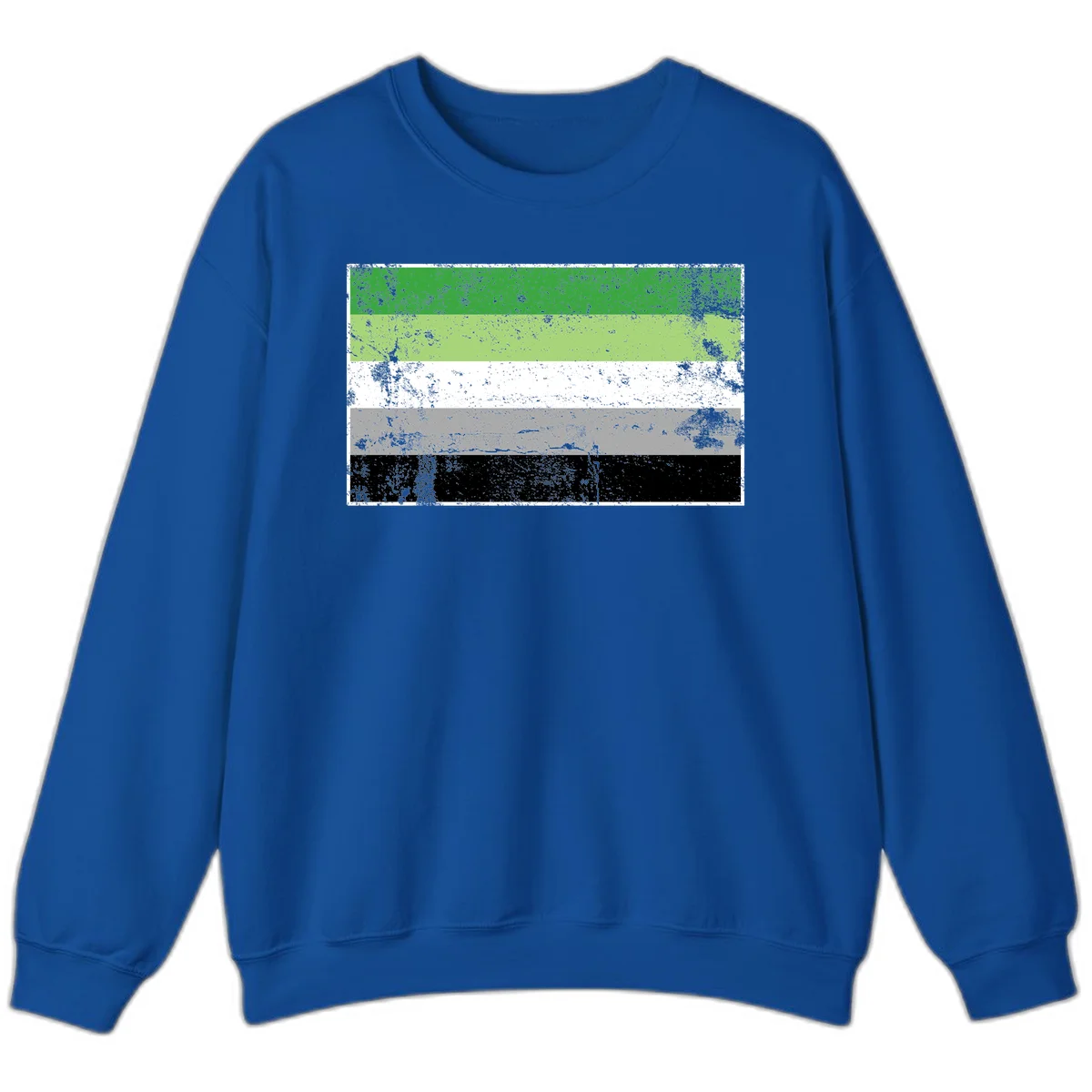 Demigender pride flag with five horizontal stripes in green, white, gray, and black with distressed grunge texture in Royal