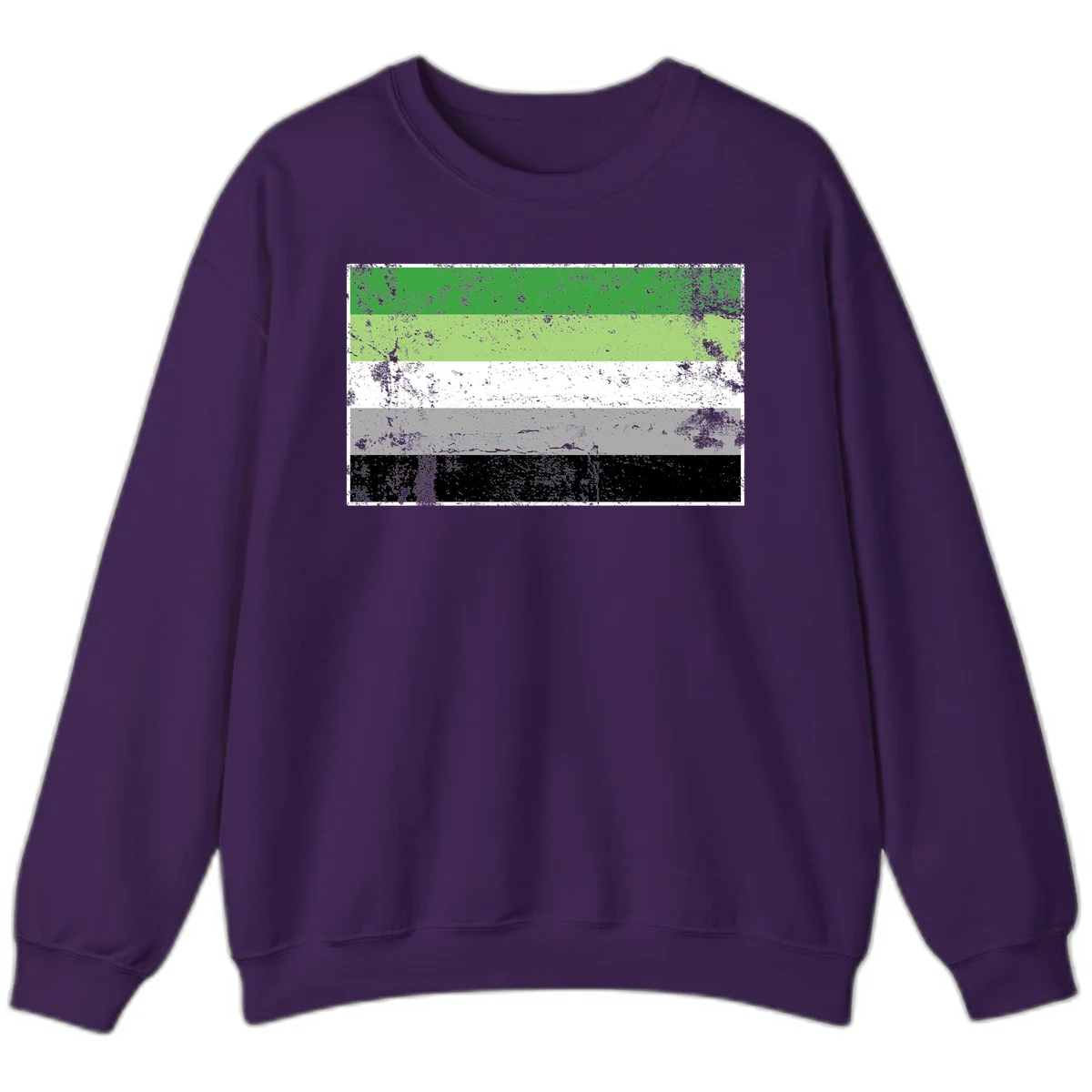 Demigender pride flag with five horizontal stripes in green, white, gray, and black with distressed grunge texture in Purple