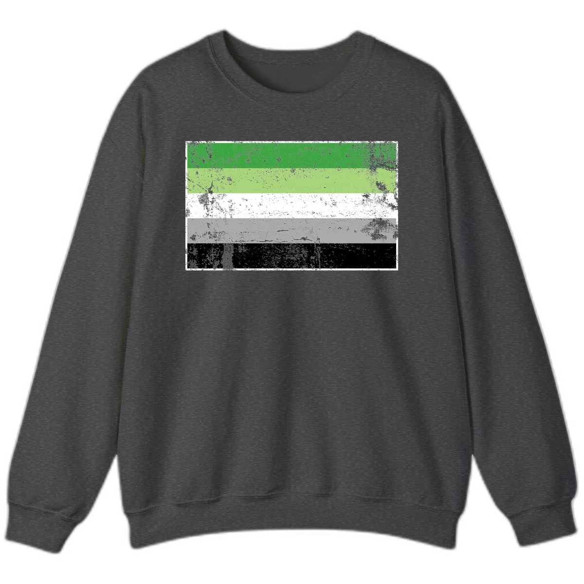 Demigender pride flag with five horizontal stripes in green, white, gray, and black with distressed grunge texture in Dark Heather
