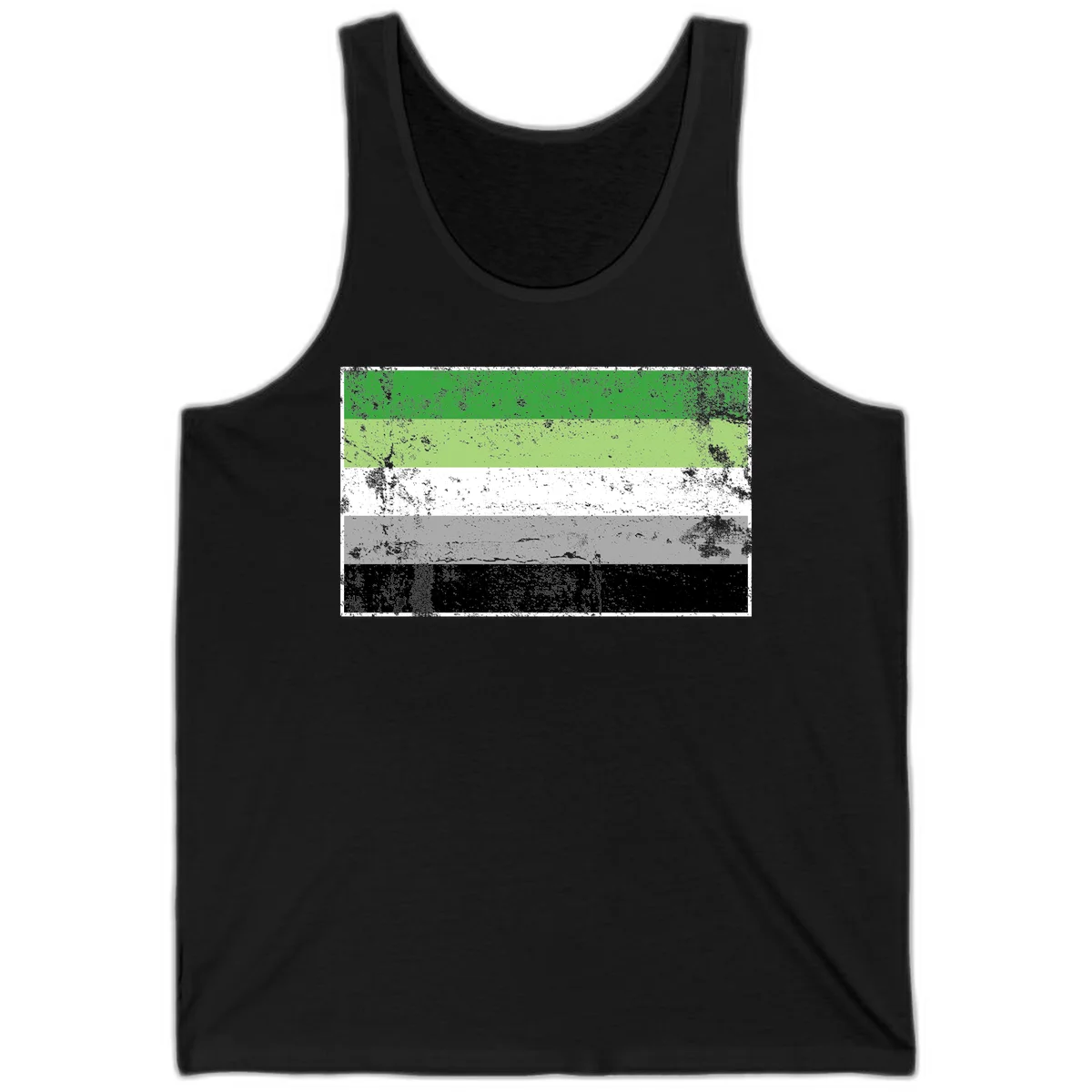 Demigender pride flag with five horizontal stripes in green, white, gray, and black with distressed grunge texture in Black