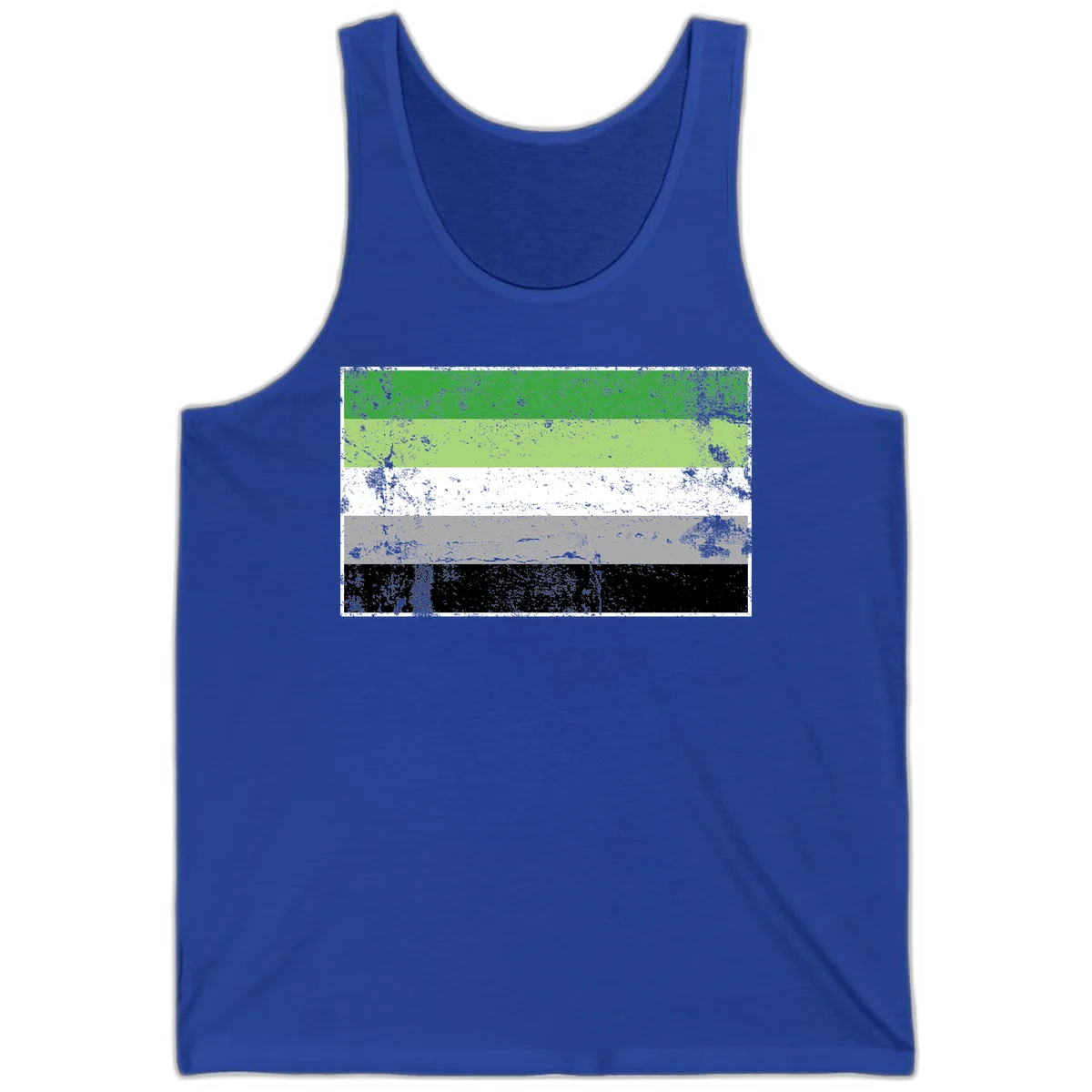 Demigender pride flag with five horizontal stripes in green, white, gray, and black with distressed grunge texture in True Royal