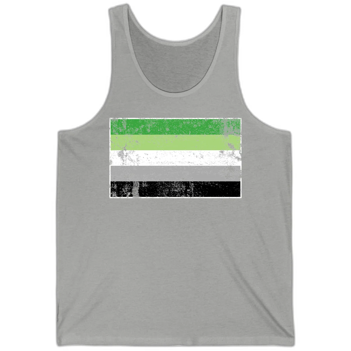 Demigender pride flag with five horizontal stripes in green, white, gray, and black with distressed grunge texture in Athletic Heather