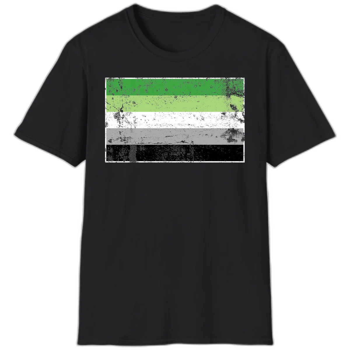 Demigender pride flag with five horizontal stripes in green, white, gray, and black with distressed grunge texture in Black