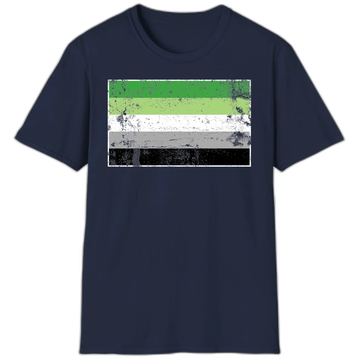 Demigender pride flag with five horizontal stripes in green, white, gray, and black with distressed grunge texture in Navy