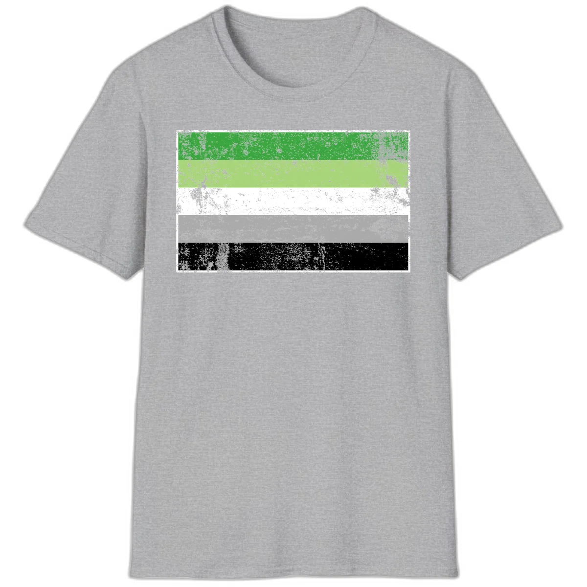 Demigender pride flag with five horizontal stripes in green, white, gray, and black with distressed grunge texture in Sport Grey
