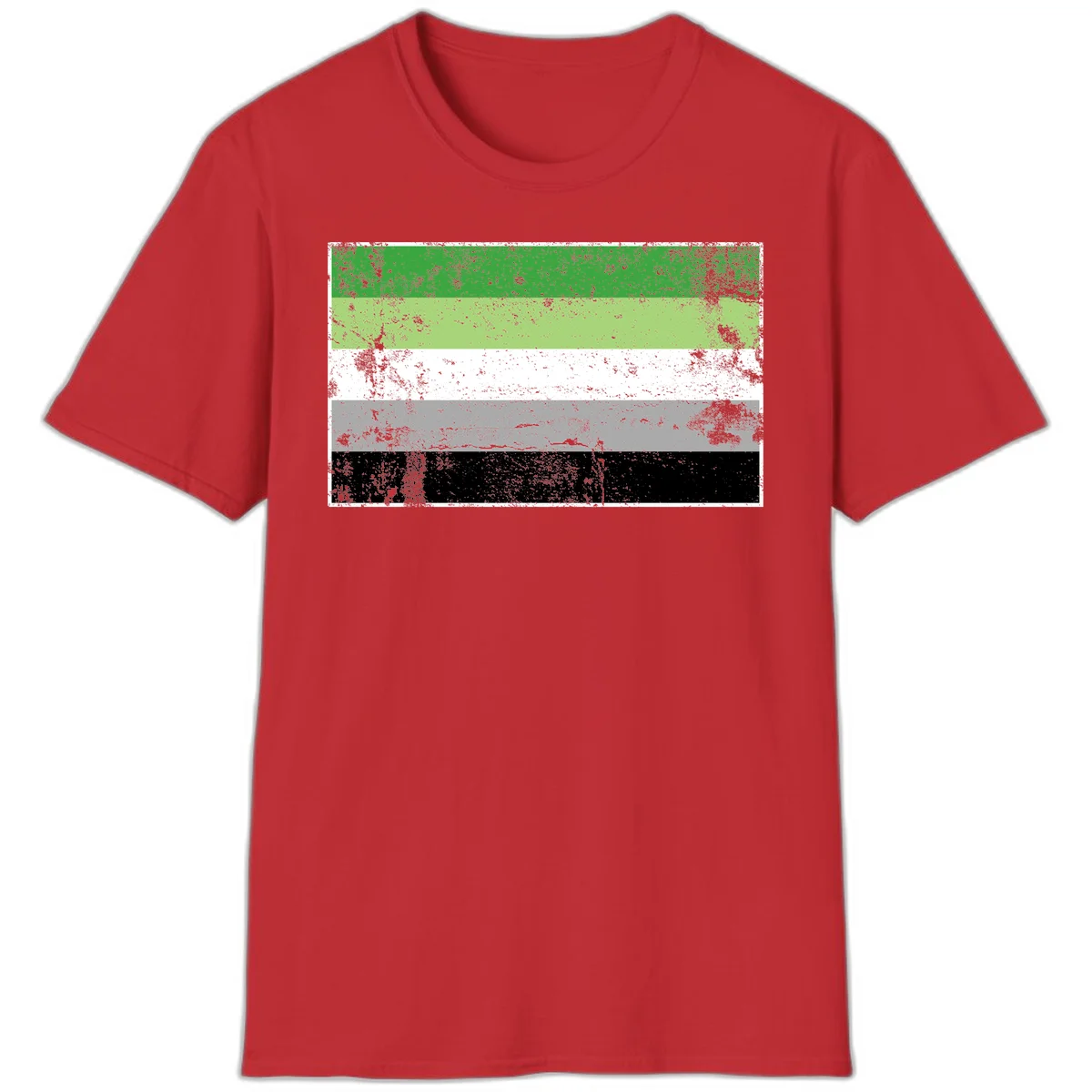 Demigender pride flag with five horizontal stripes in green, white, gray, and black with distressed grunge texture in Red