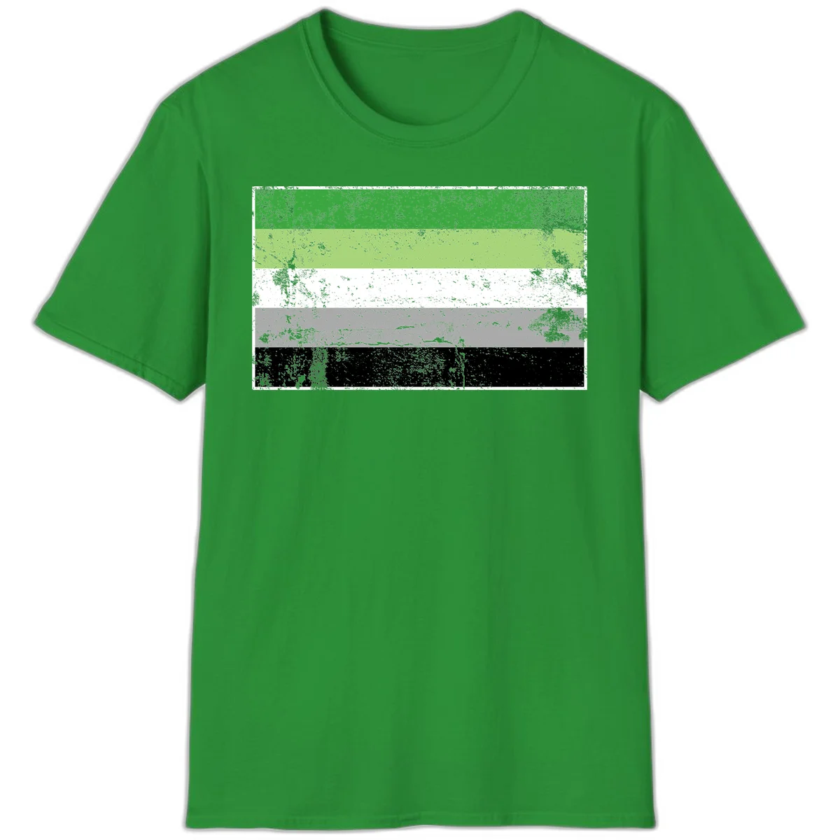 Demigender pride flag with five horizontal stripes in green, white, gray, and black with distressed grunge texture in Irish Green