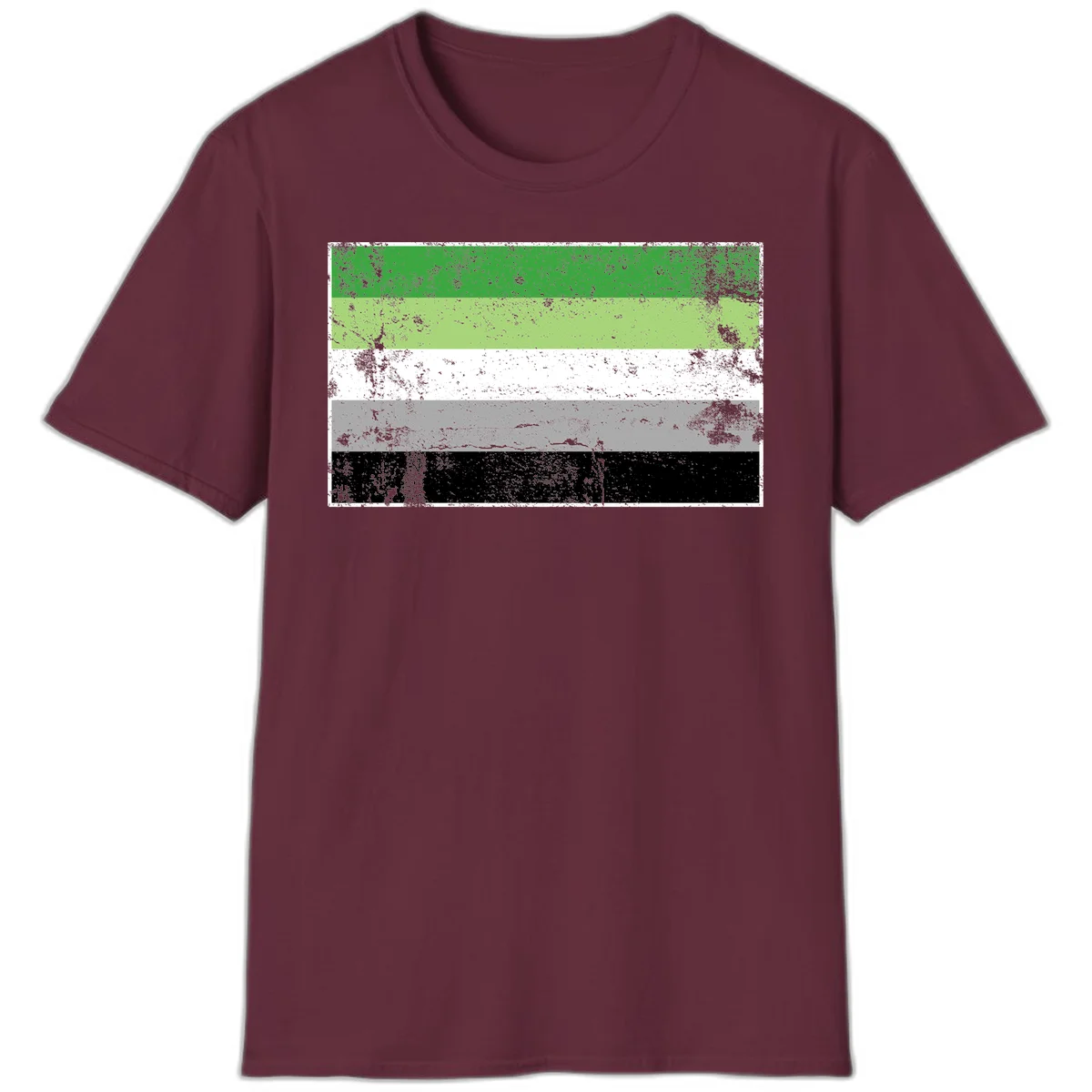Demigender pride flag with five horizontal stripes in green, white, gray, and black with distressed grunge texture in Maroon
