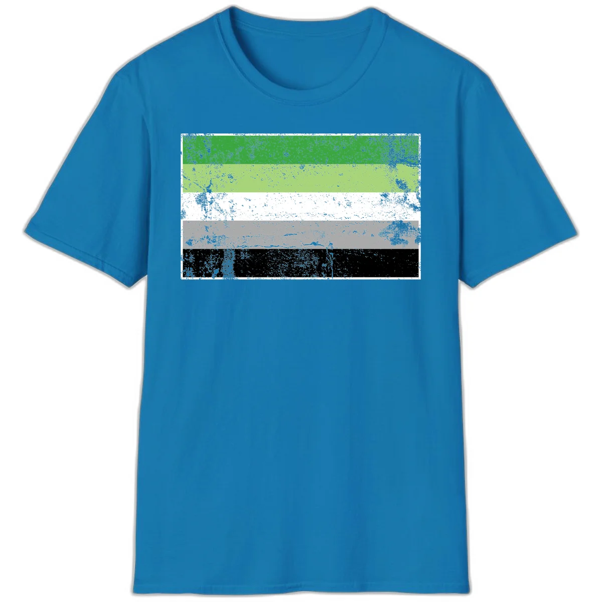 Demigender pride flag with five horizontal stripes in green, white, gray, and black with distressed grunge texture in Sapphire