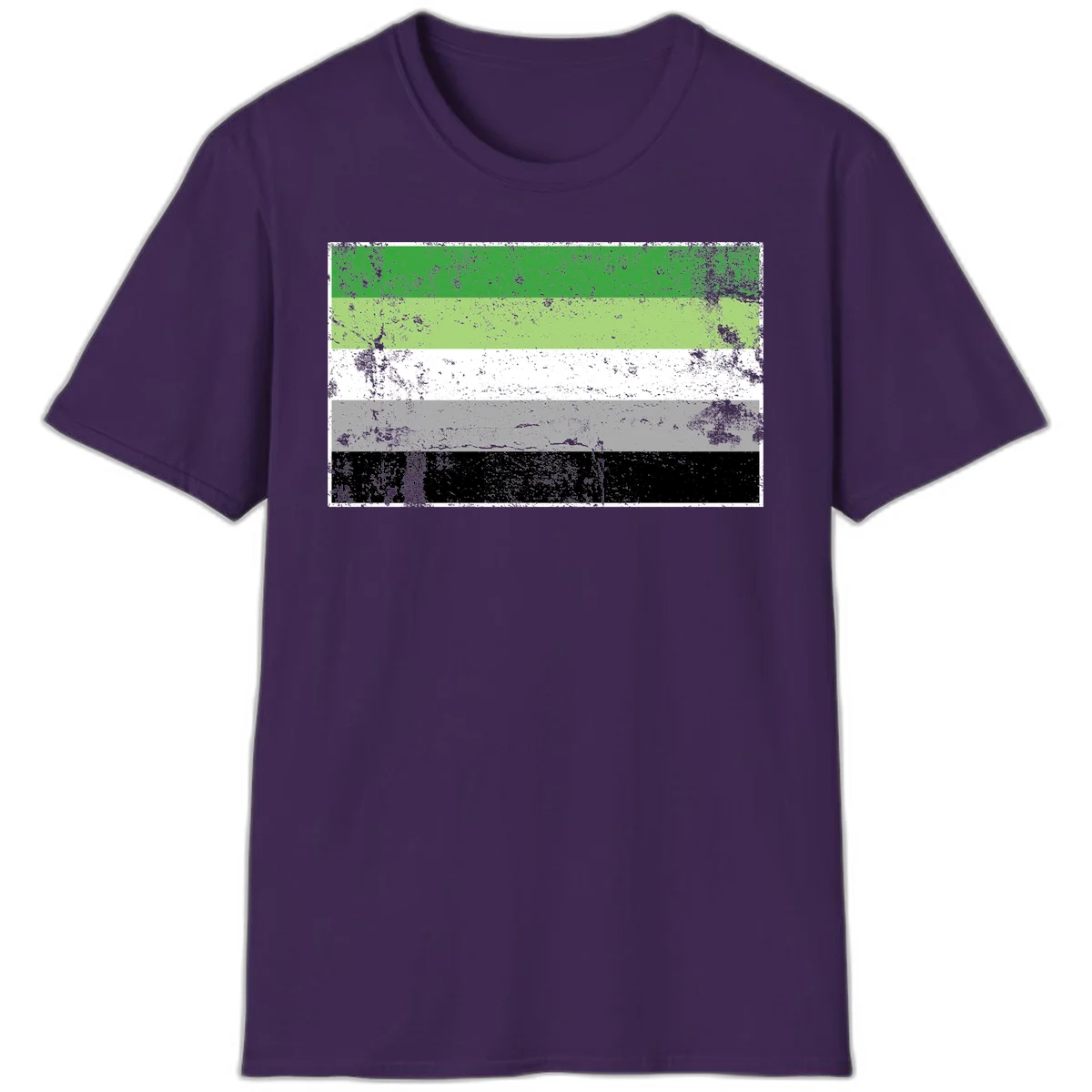 Demigender pride flag with five horizontal stripes in green, white, gray, and black with distressed grunge texture in Purple