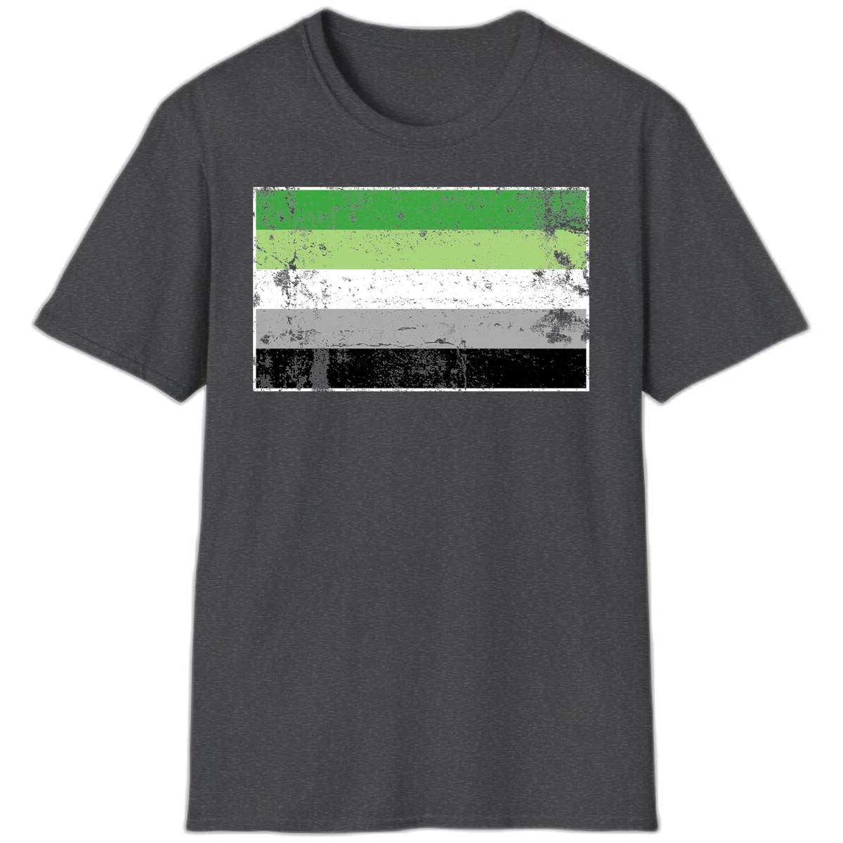 Demigender pride flag with five horizontal stripes in green, white, gray, and black with distressed grunge texture in Dark Heather