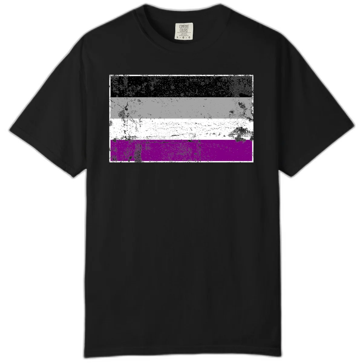 Distressed asexual pride flag with black, gray, white, and purple horizontal stripes with grunge texture overlay in Black