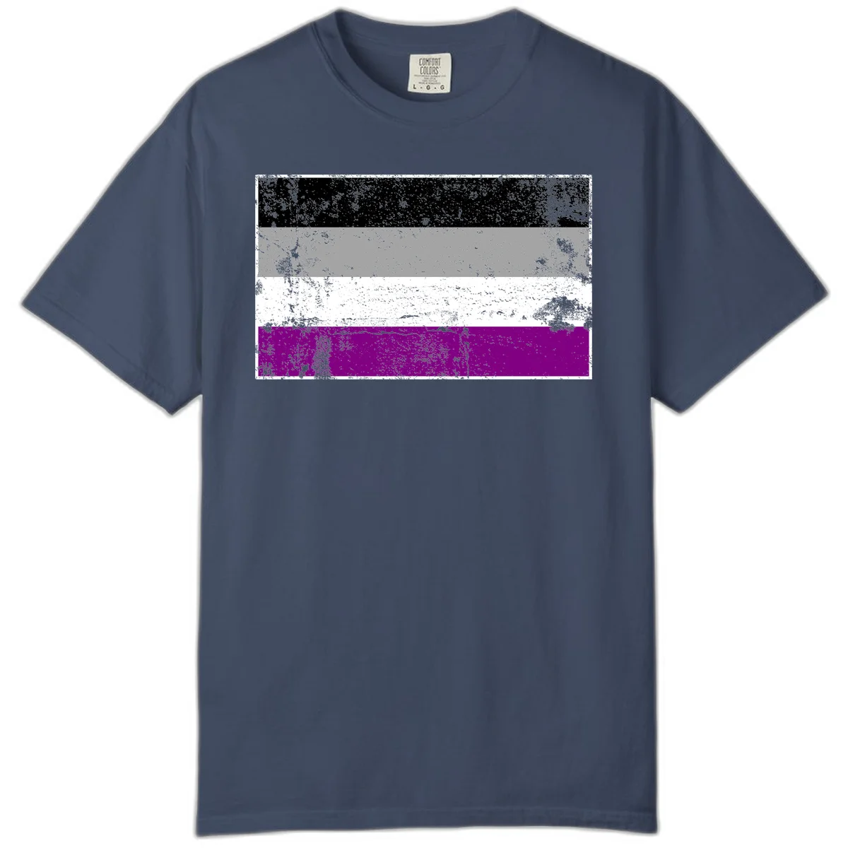 Distressed asexual pride flag with black, gray, white, and purple horizontal stripes with grunge texture overlay in Midnight