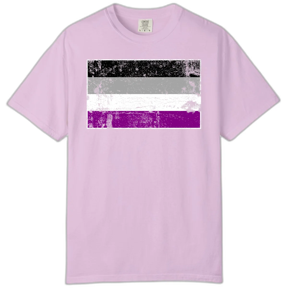 Distressed asexual pride flag with black, gray, white, and purple horizontal stripes with grunge texture overlay in Orchid