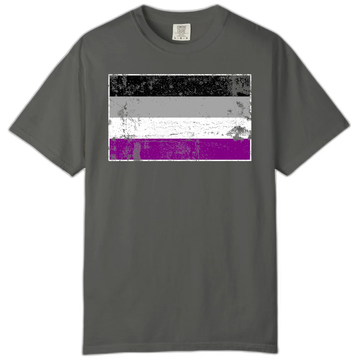 Distressed asexual pride flag with black, gray, white, and purple horizontal stripes with grunge texture overlay in Pepper