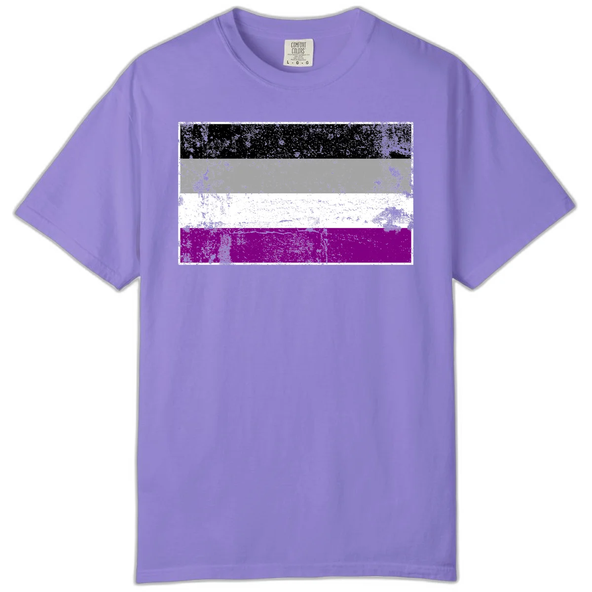 Distressed asexual pride flag with black, gray, white, and purple horizontal stripes with grunge texture overlay in Violet