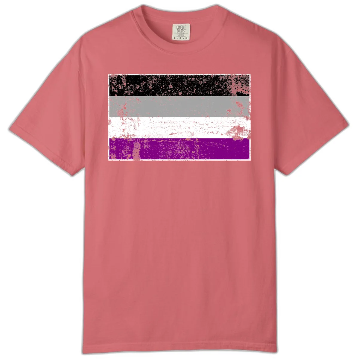 Distressed asexual pride flag with black, gray, white, and purple horizontal stripes with grunge texture overlay in Watermelon