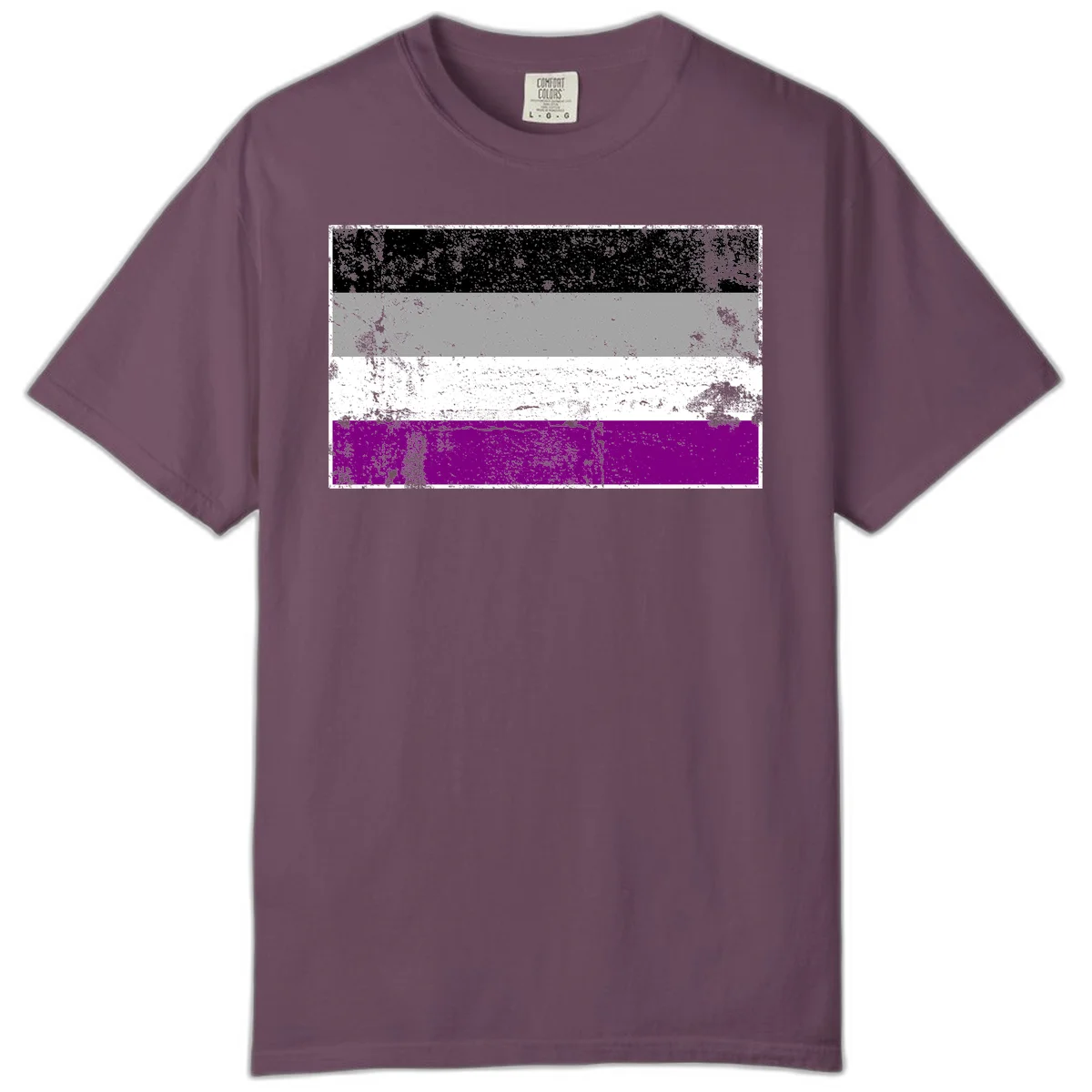 Distressed asexual pride flag with black, gray, white, and purple horizontal stripes with grunge texture overlay in Berry