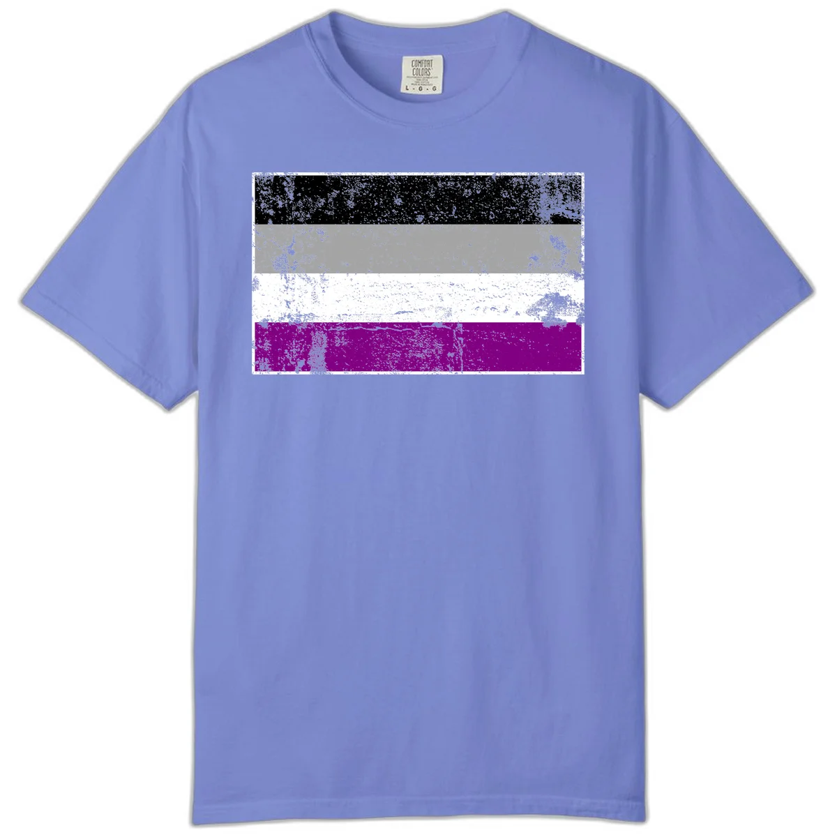 Distressed asexual pride flag with black, gray, white, and purple horizontal stripes with grunge texture overlay in Flo Blue