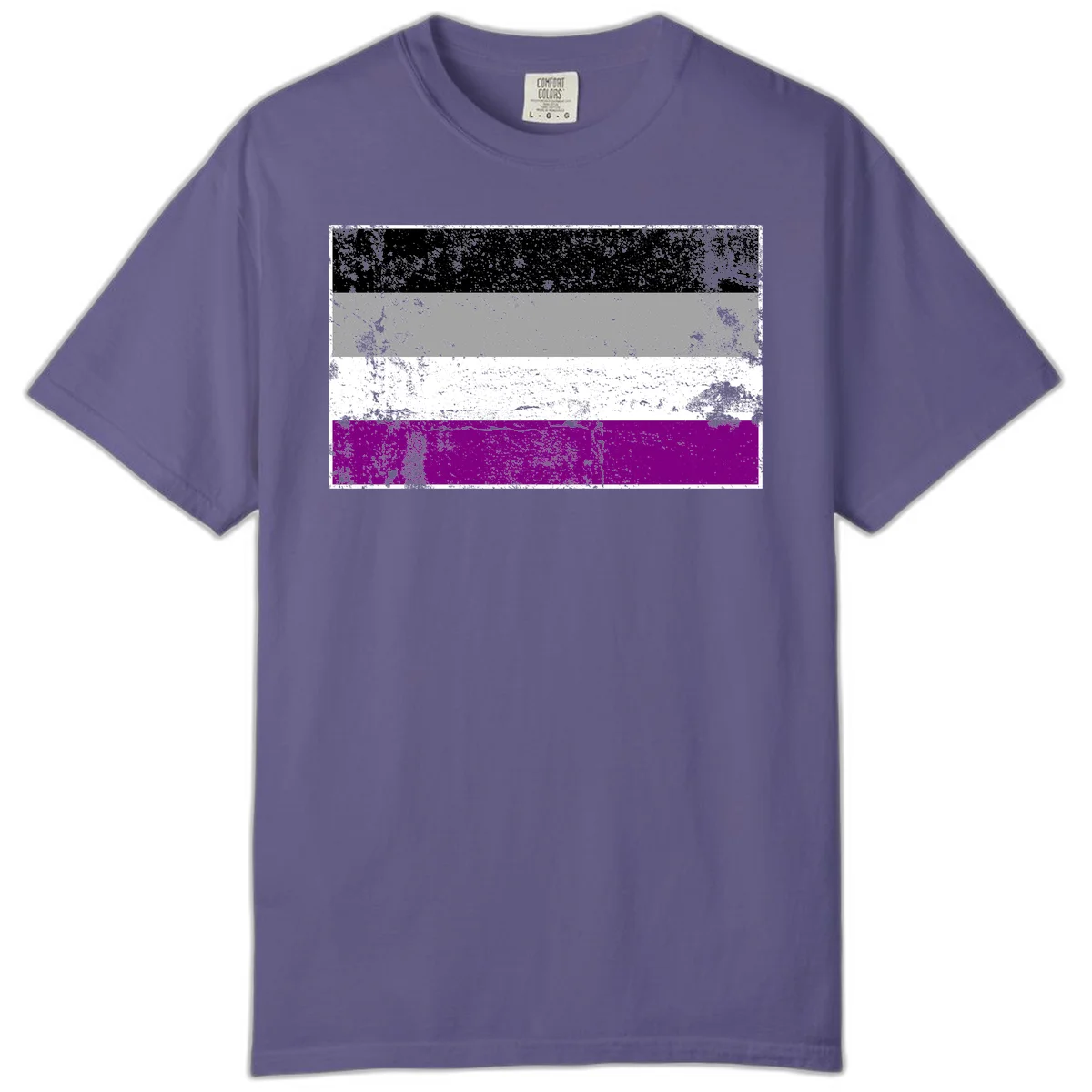 Distressed asexual pride flag with black, gray, white, and purple horizontal stripes with grunge texture overlay in Grape