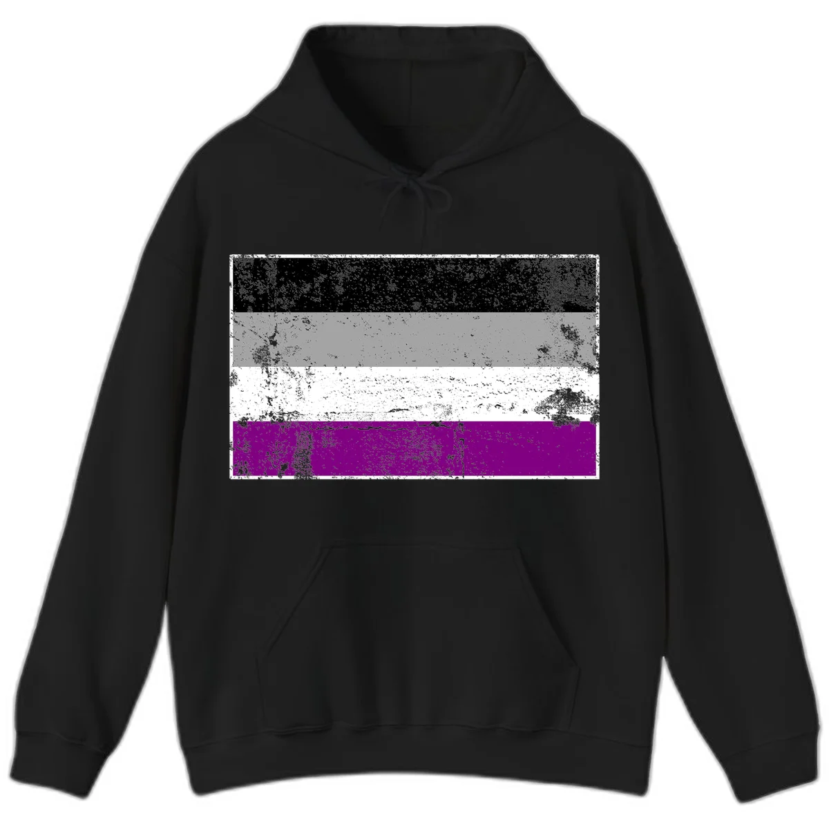 Distressed asexual pride flag with black, gray, white, and purple horizontal stripes with grunge texture overlay in Black