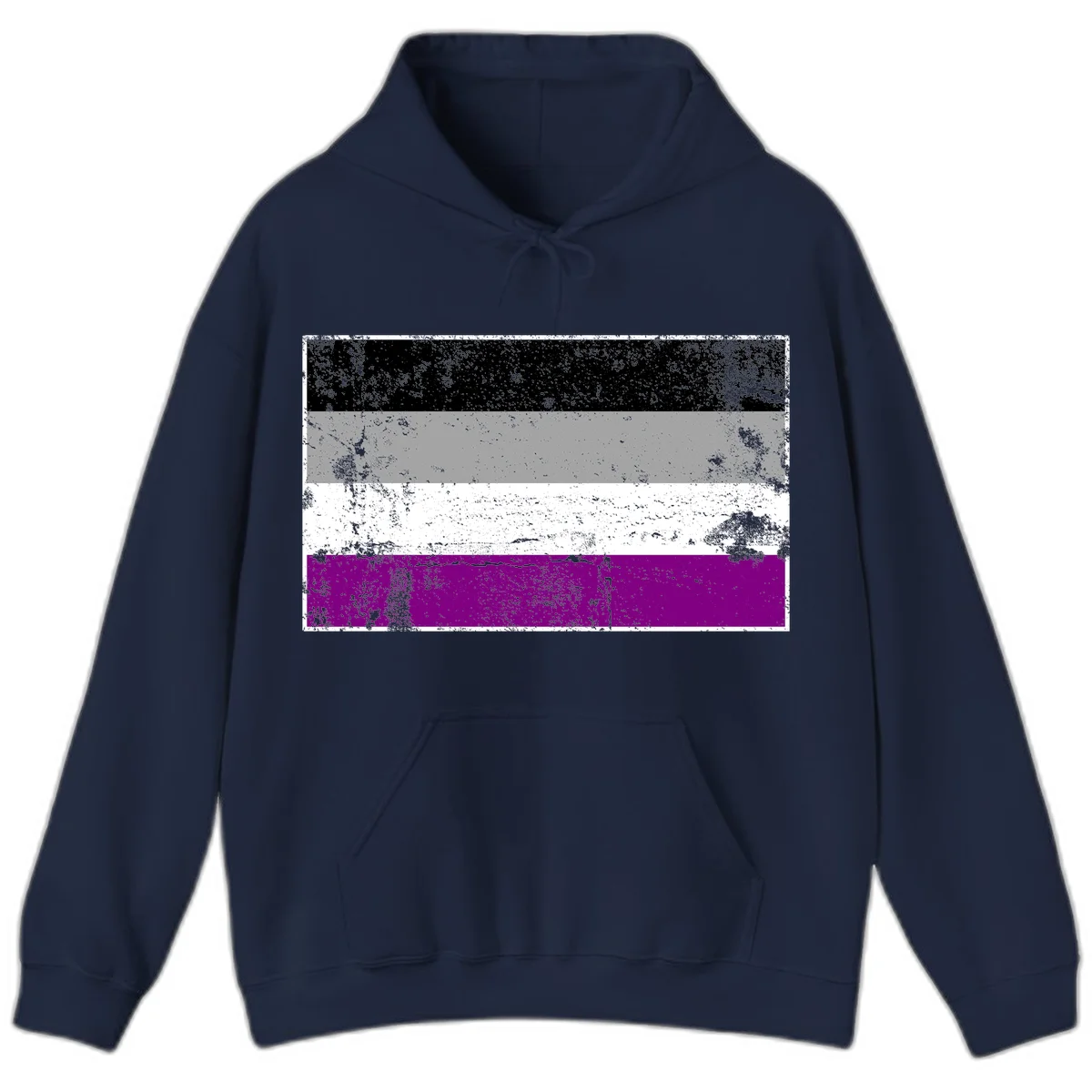 Distressed asexual pride flag with black, gray, white, and purple horizontal stripes with grunge texture overlay in Navy