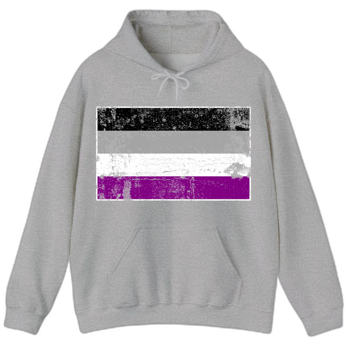 Distressed asexual pride flag with black, gray, white, and purple horizontal stripes with grunge texture overlay in Sport Grey