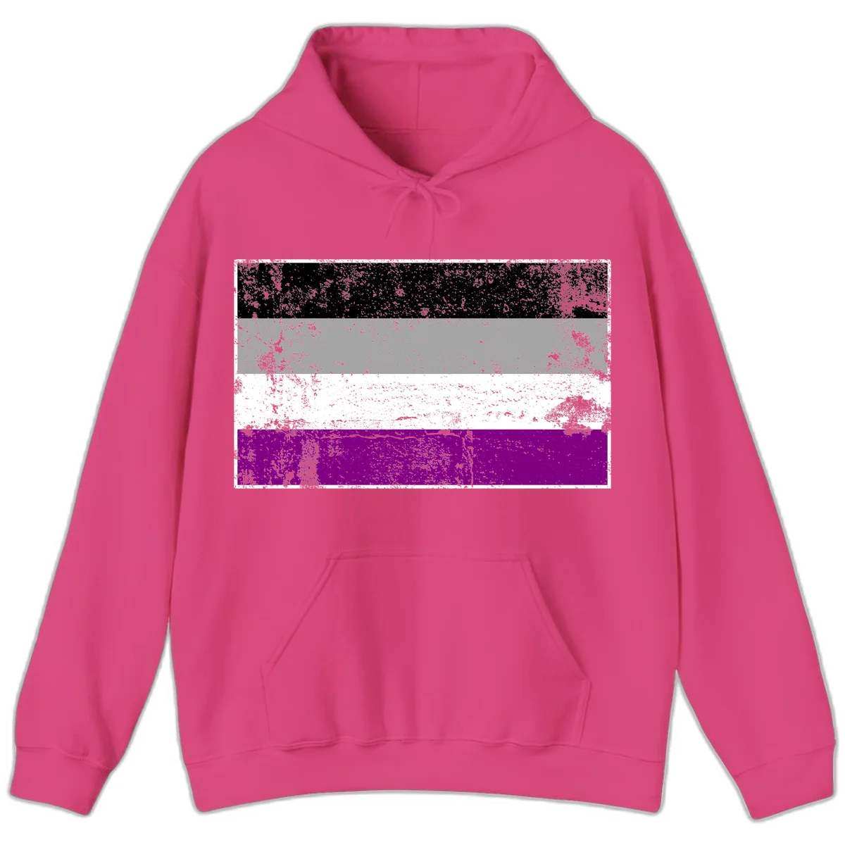 Distressed asexual pride flag with black, gray, white, and purple horizontal stripes with grunge texture overlay in Heliconia