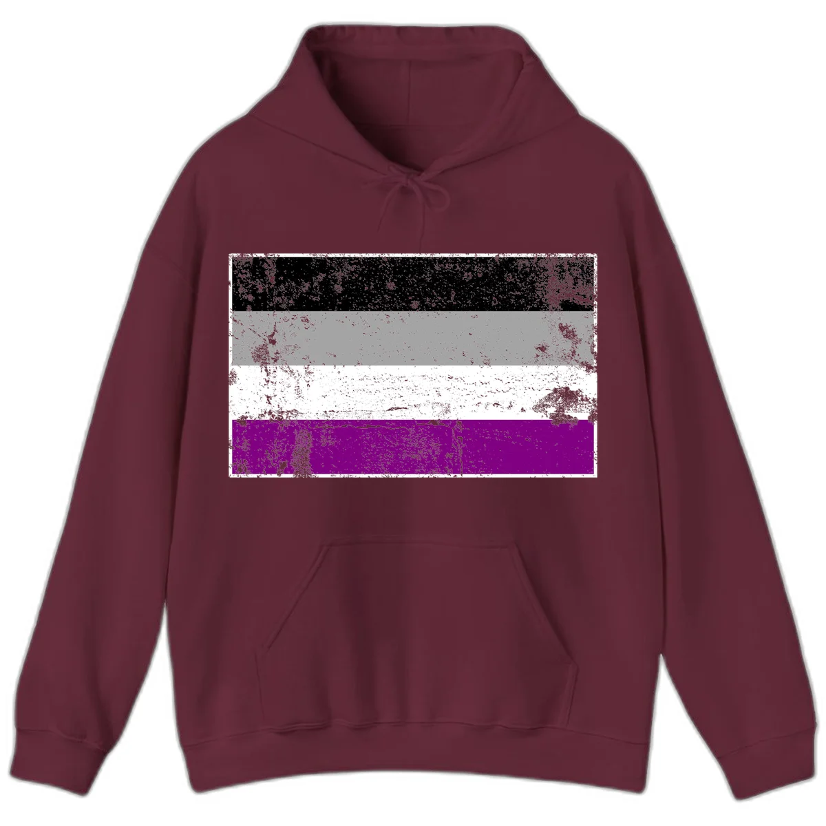 Distressed asexual pride flag with black, gray, white, and purple horizontal stripes with grunge texture overlay in Maroon