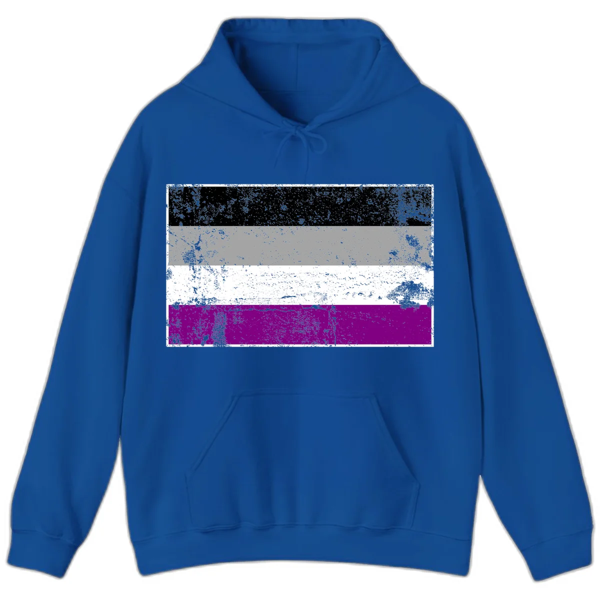 Distressed asexual pride flag with black, gray, white, and purple horizontal stripes with grunge texture overlay in Royal