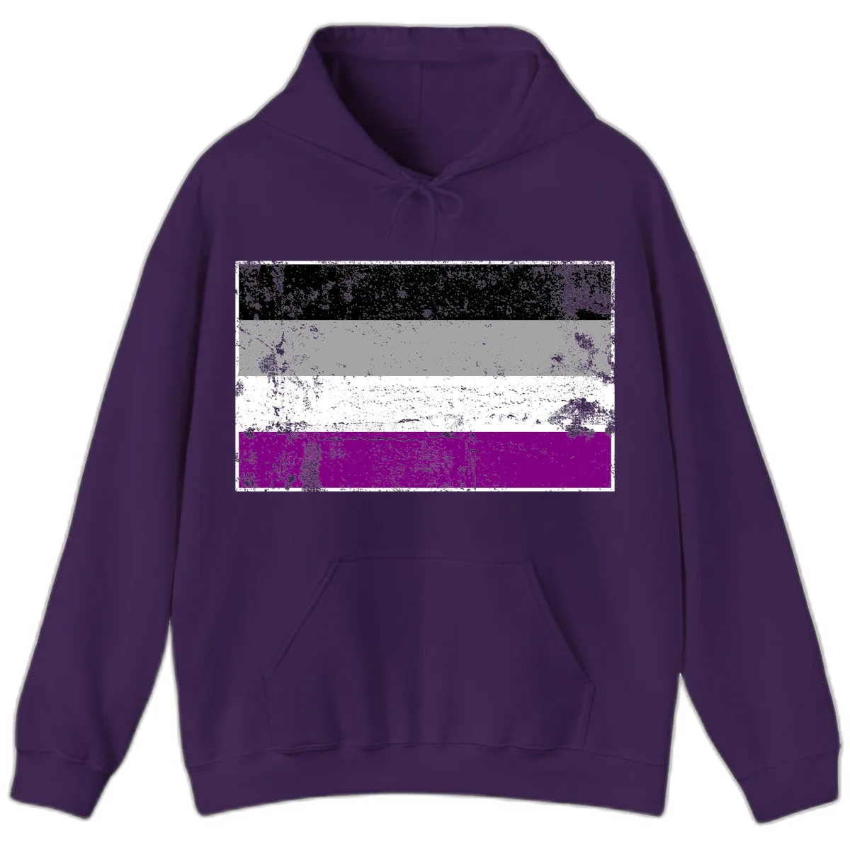 Distressed asexual pride flag with black, gray, white, and purple horizontal stripes with grunge texture overlay in Purple