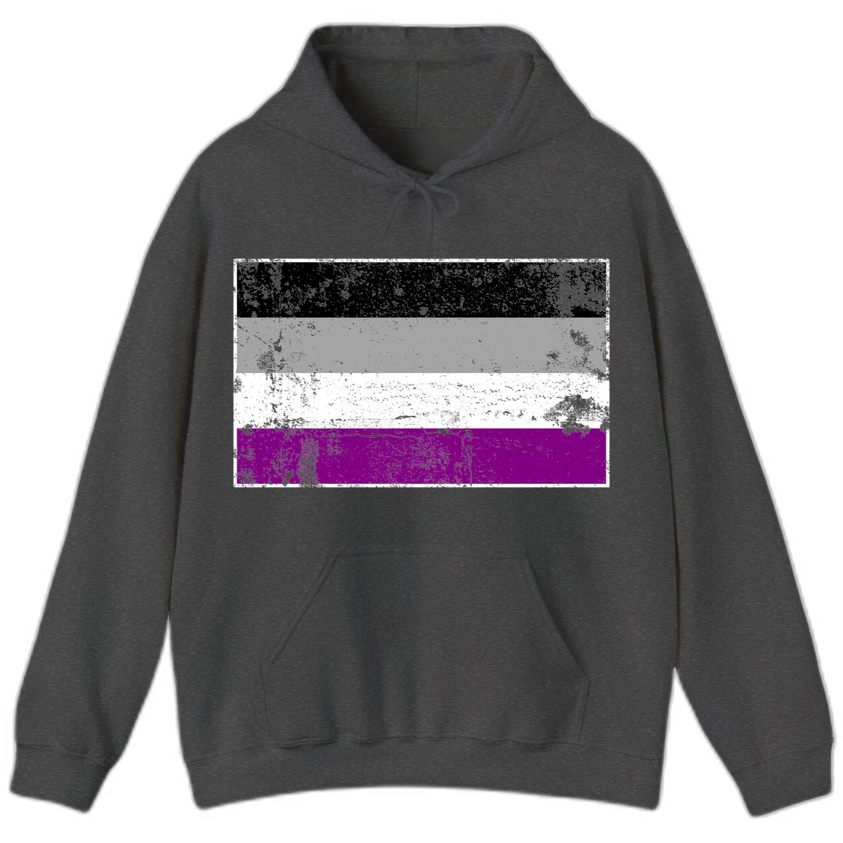 Distressed asexual pride flag with black, gray, white, and purple horizontal stripes with grunge texture overlay in Dark Heather