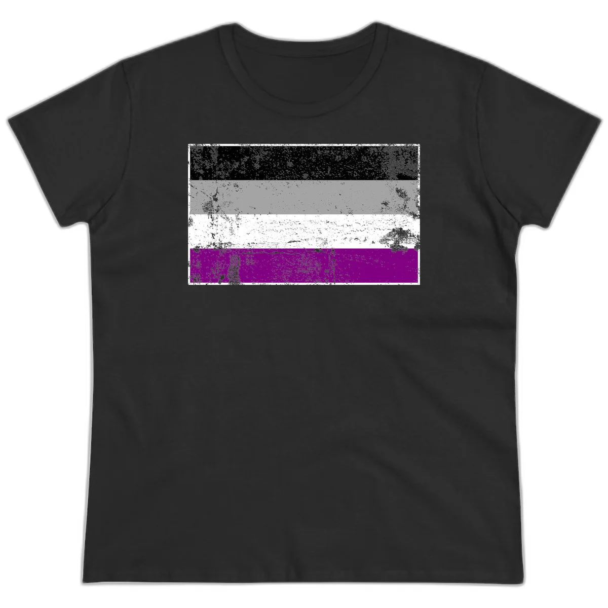 Distressed asexual pride flag with black, gray, white, and purple horizontal stripes with grunge texture overlay in Black