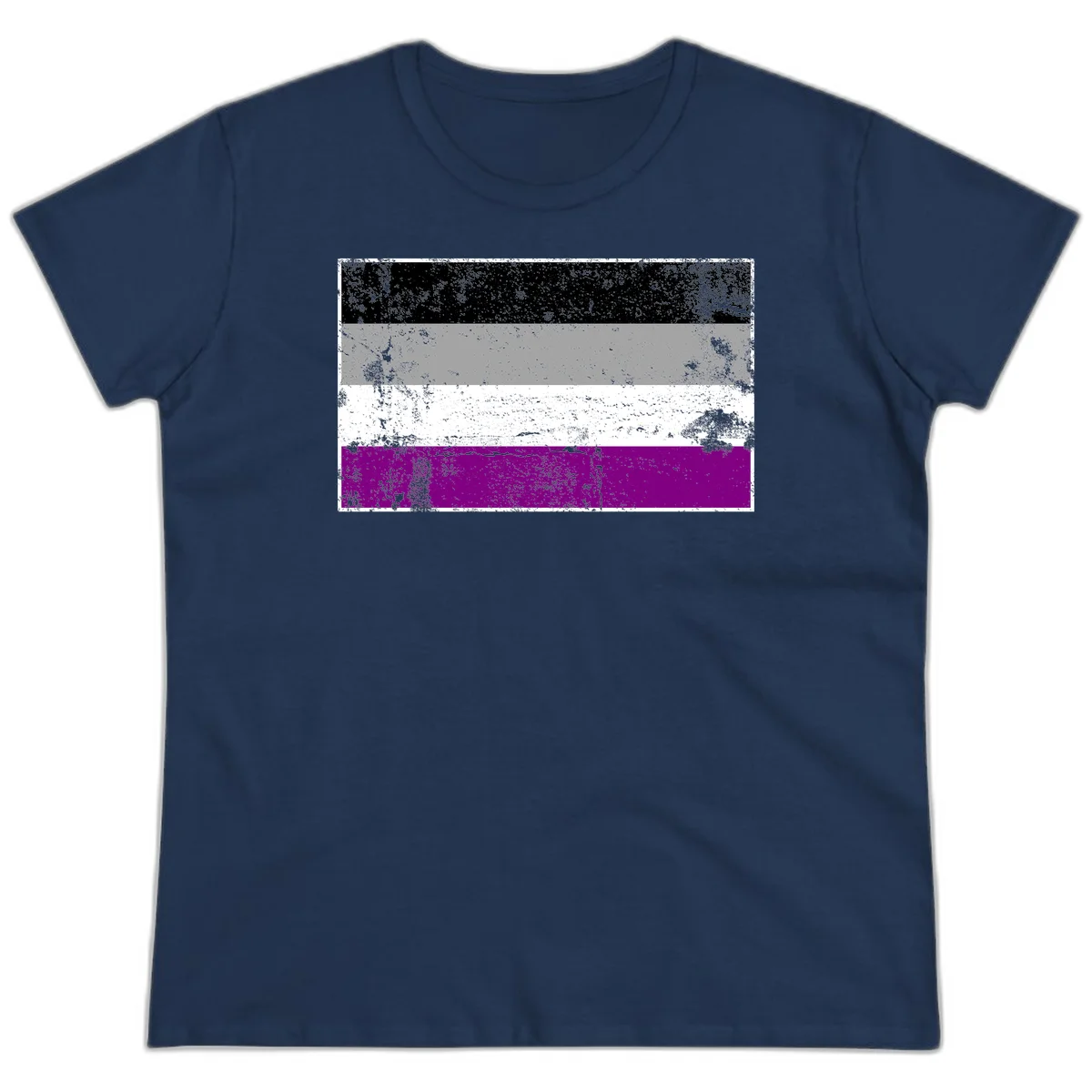 Distressed asexual pride flag with black, gray, white, and purple horizontal stripes with grunge texture overlay in Navy