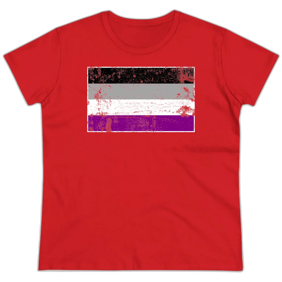 Distressed asexual pride flag with black, gray, white, and purple horizontal stripes with grunge texture overlay in Red