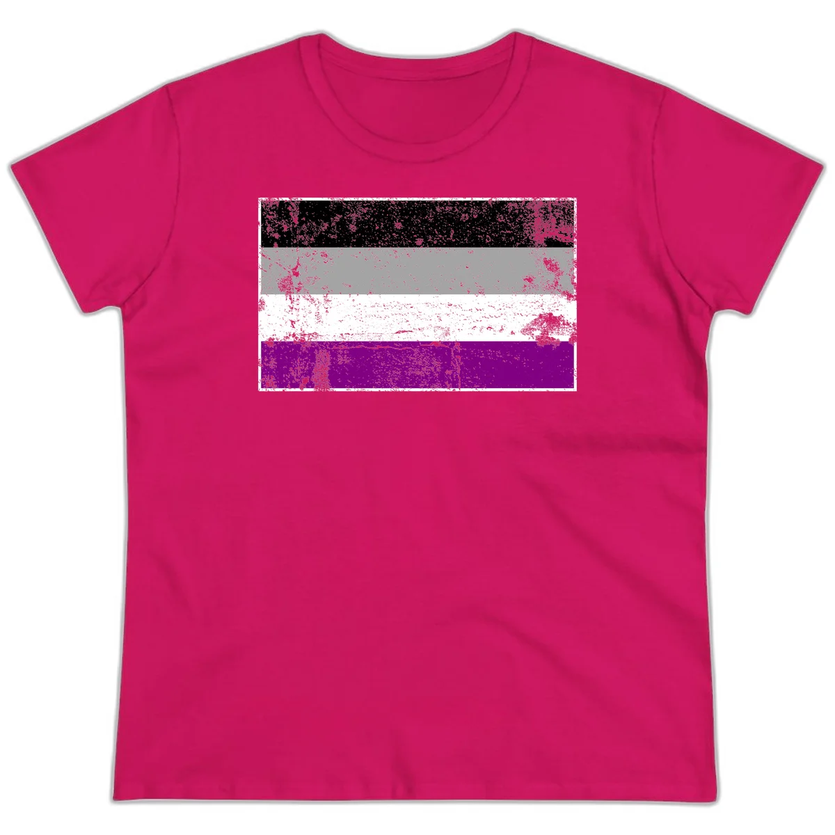 Distressed asexual pride flag with black, gray, white, and purple horizontal stripes with grunge texture overlay in Heliconia