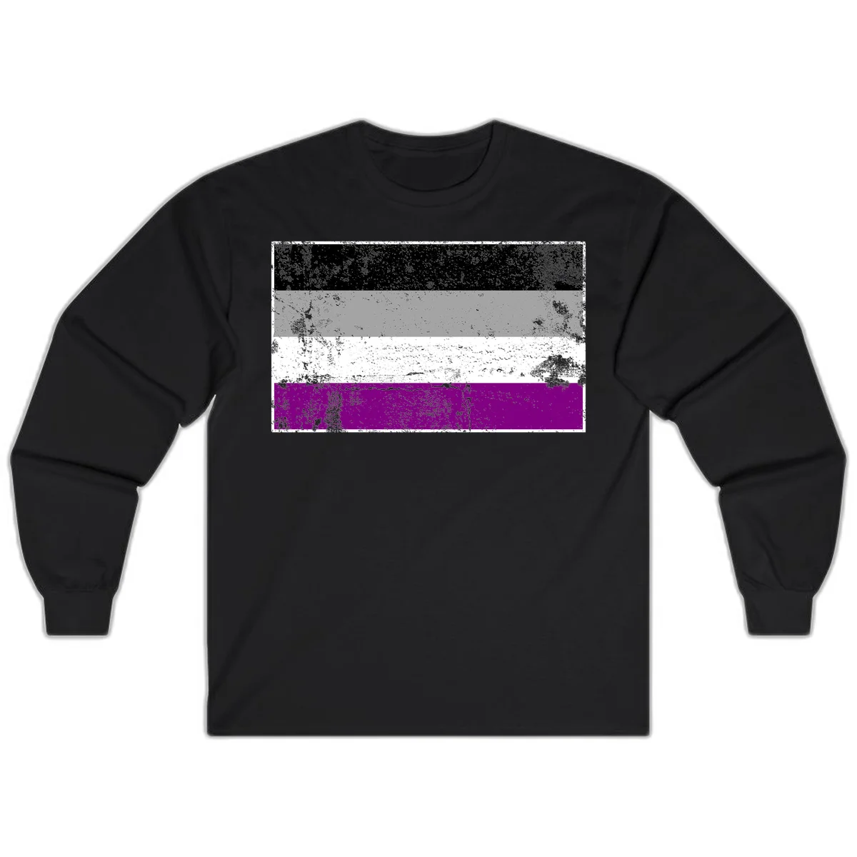 Distressed asexual pride flag with black, gray, white, and purple horizontal stripes with grunge texture overlay in Black
