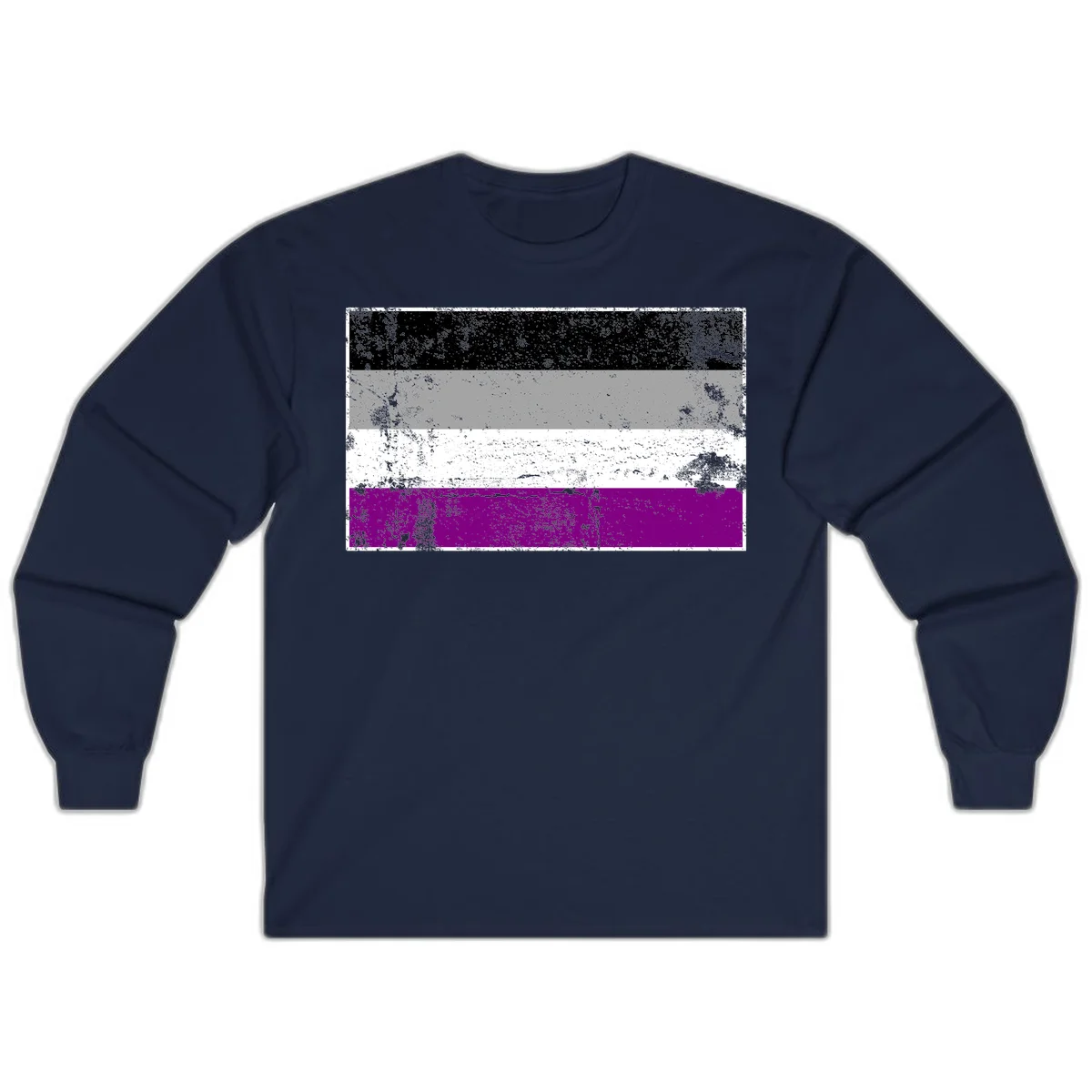 Distressed asexual pride flag with black, gray, white, and purple horizontal stripes with grunge texture overlay in Navy