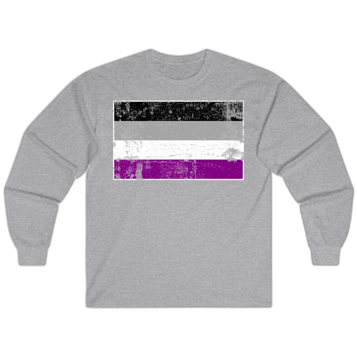 Distressed asexual pride flag with black, gray, white, and purple horizontal stripes with grunge texture overlay in Sport Grey