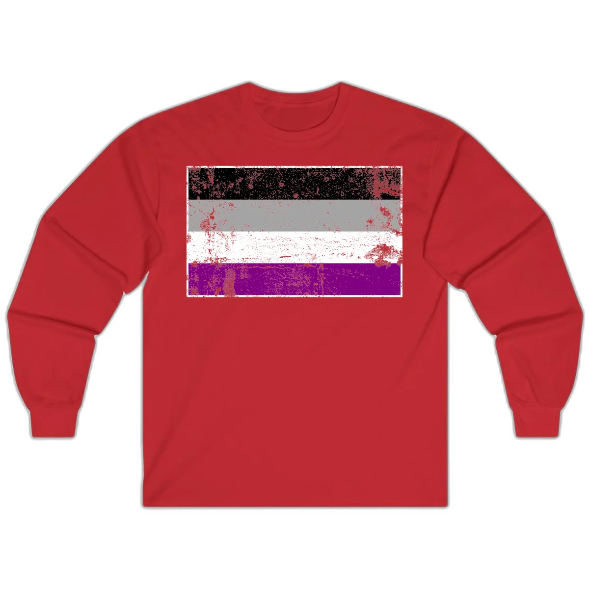 Distressed asexual pride flag with black, gray, white, and purple horizontal stripes with grunge texture overlay in Red