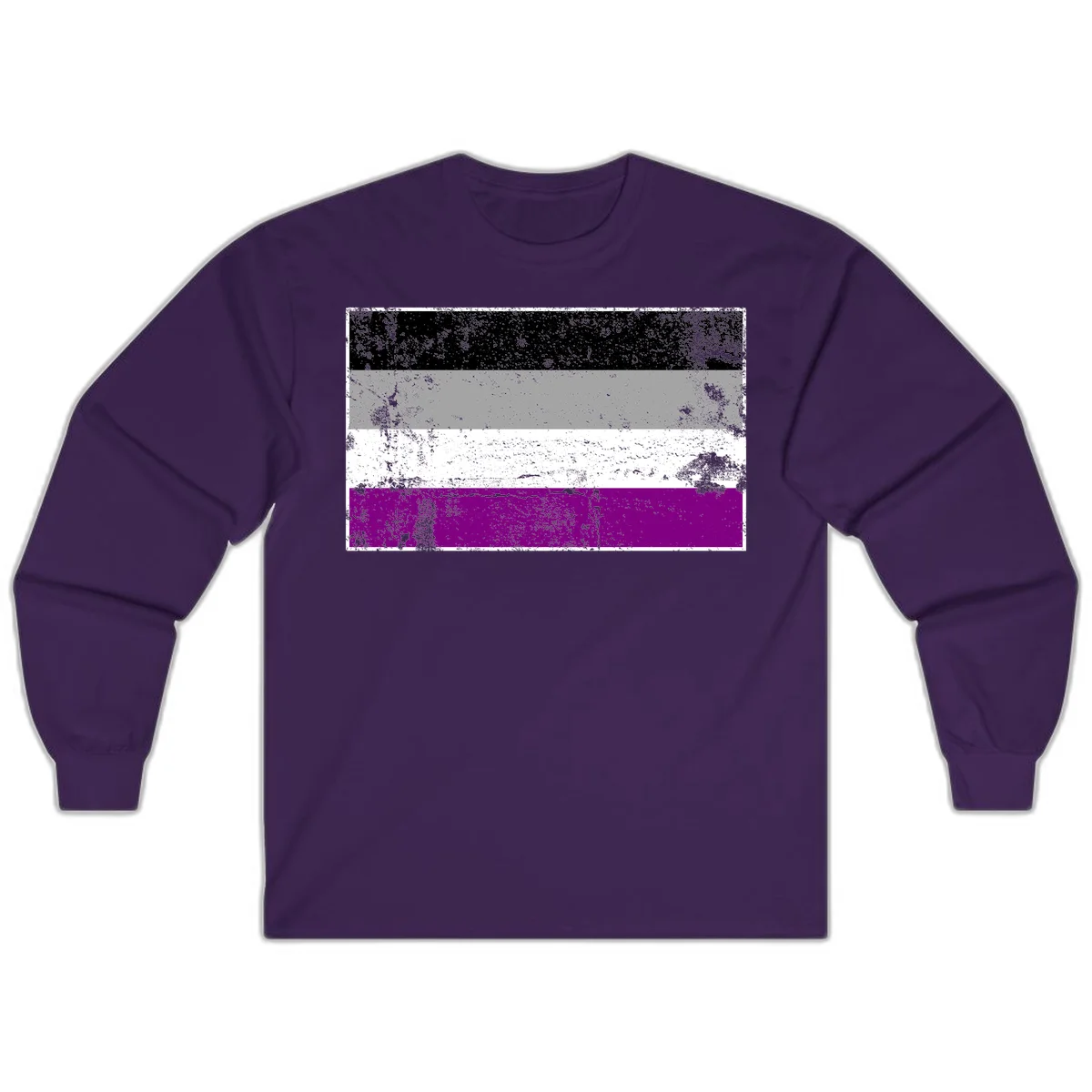 Distressed asexual pride flag with black, gray, white, and purple horizontal stripes with grunge texture overlay in Purple