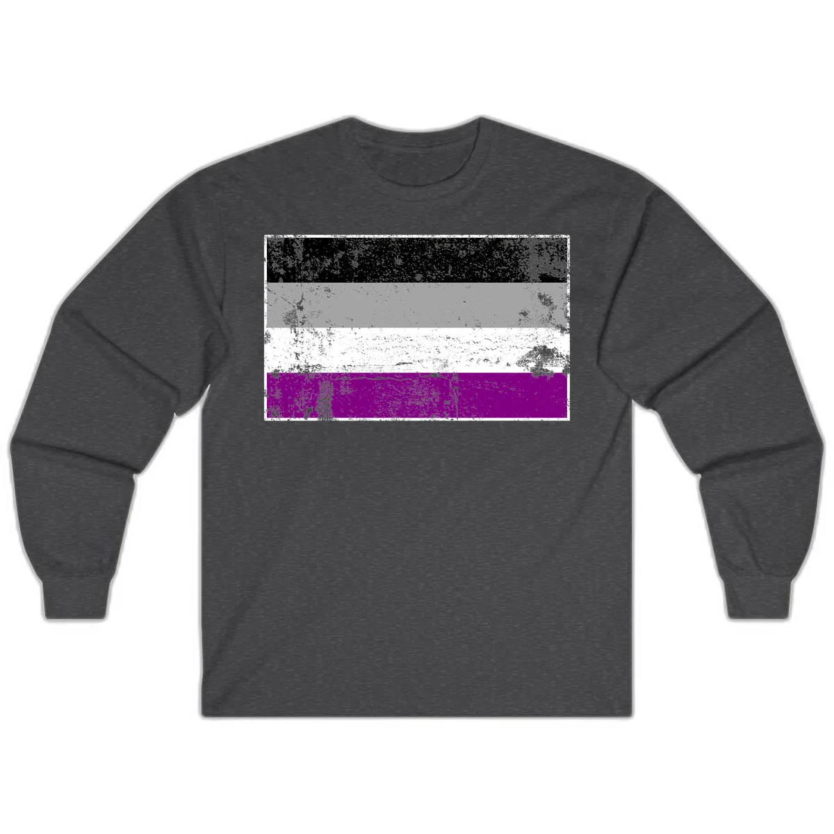 Distressed asexual pride flag with black, gray, white, and purple horizontal stripes with grunge texture overlay in Dark Heather