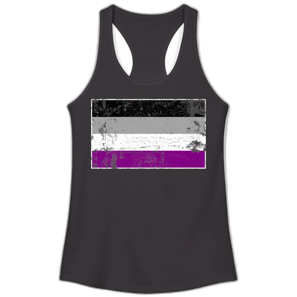 Distressed asexual pride flag with black, gray, white, and purple horizontal stripes with grunge texture overlay in Black
