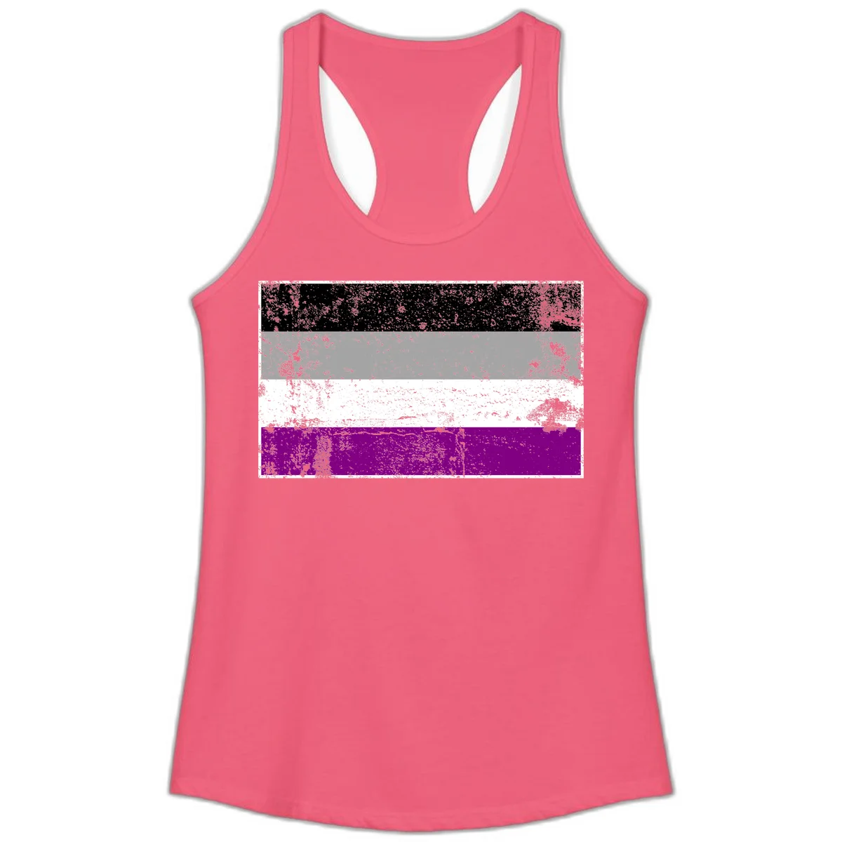 Distressed asexual pride flag with black, gray, white, and purple horizontal stripes with grunge texture overlay in Hot Pink
