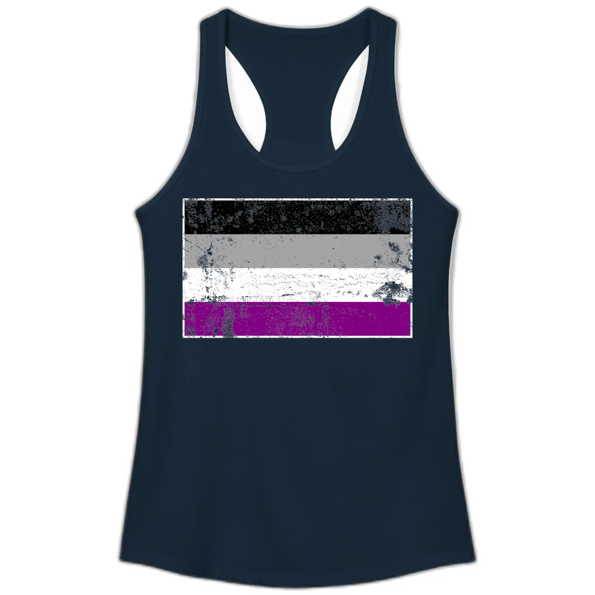 Distressed asexual pride flag with black, gray, white, and purple horizontal stripes with grunge texture overlay in Solid Midnight Navy